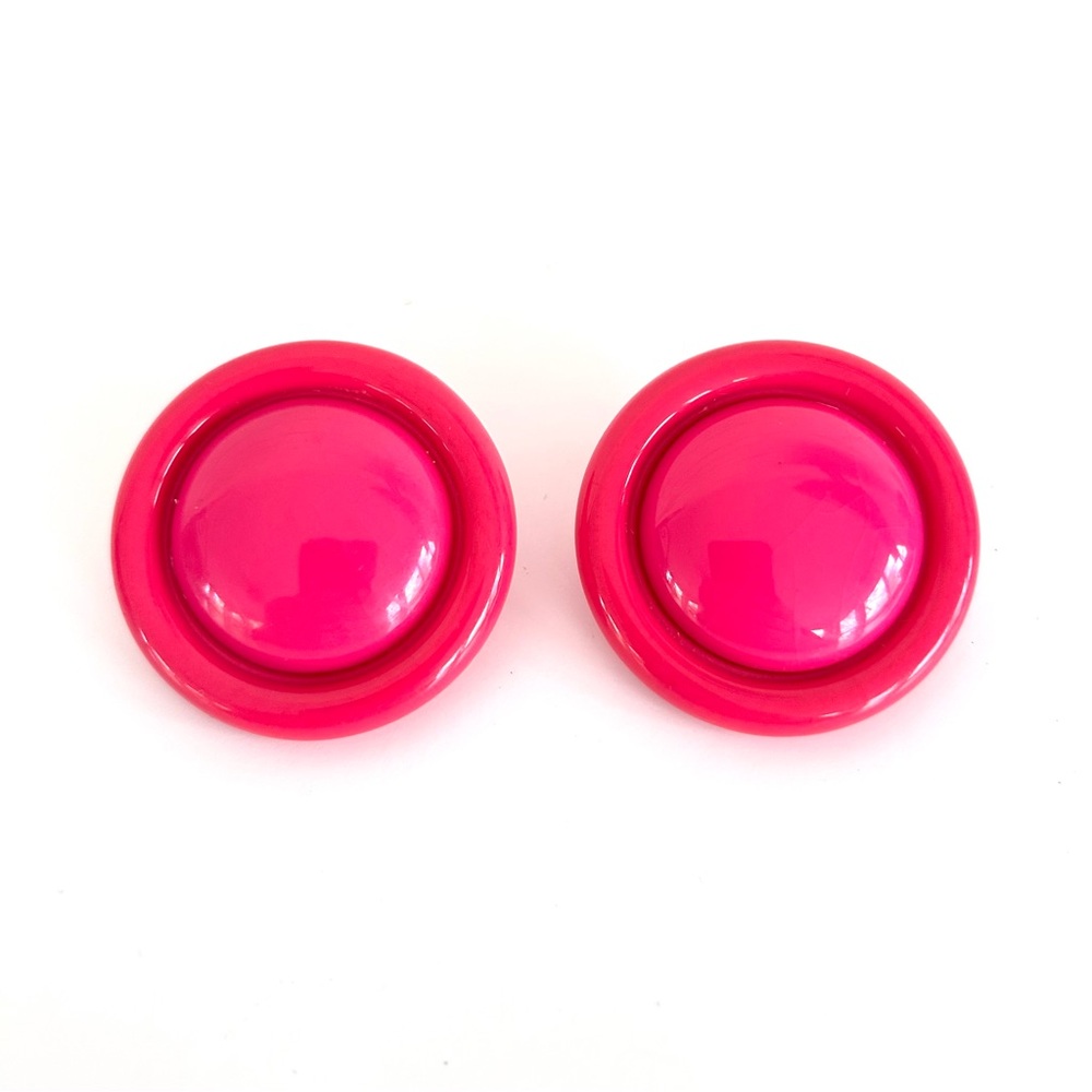 Bold Pink Button Clip On Plastic Earrings